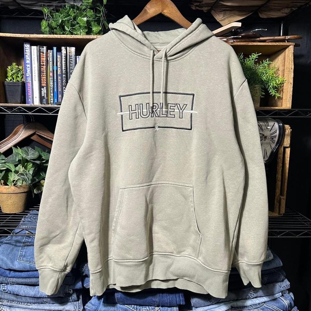 Hurley Embroidered Box Logo Hoodie Green and Black Skate Surf Sweatshirt Mens XL